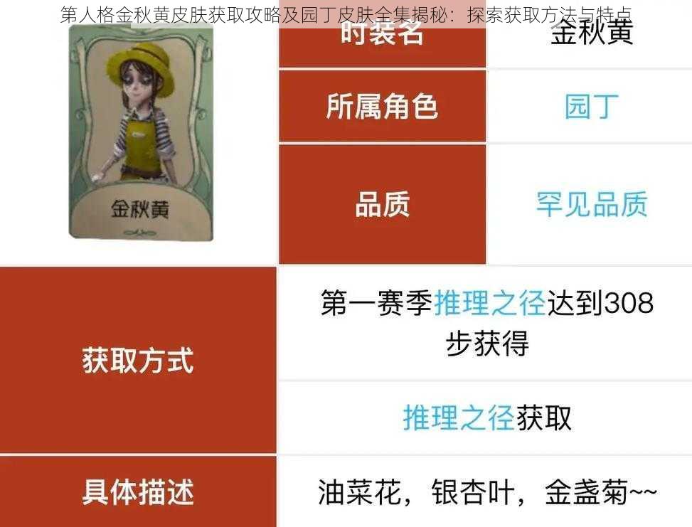 第人格金秋黄皮肤获取攻略及园丁皮肤全集揭秘：探索获取方法与特点