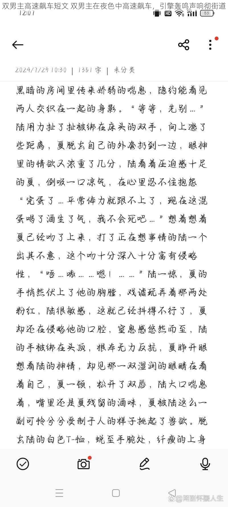 双男主高速飙车短文 双男主在夜色中高速飙车，引擎轰鸣声响彻街道