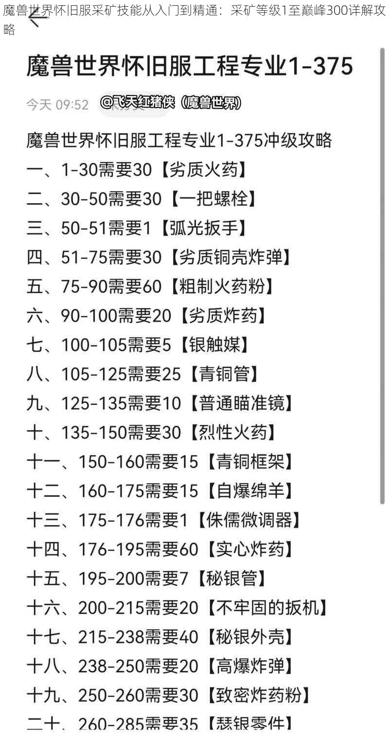 魔兽世界怀旧服采矿技能从入门到精通：采矿等级1至巅峰300详解攻略